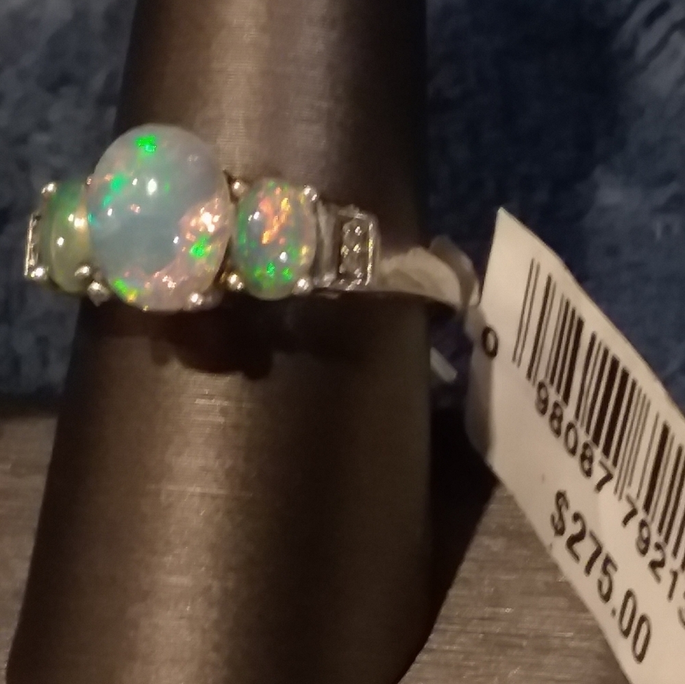 WELO FIRE OPAL & DIAMOND STERLING SILVER RING - Picture 2 of 3